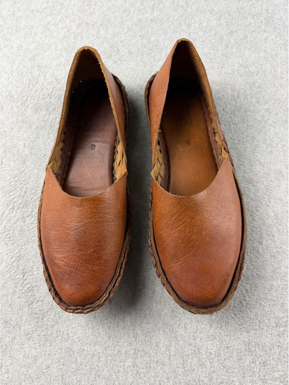 Mohinders Womens 8 Brown Leather Woven Flats Handmade India Slip On Shoes